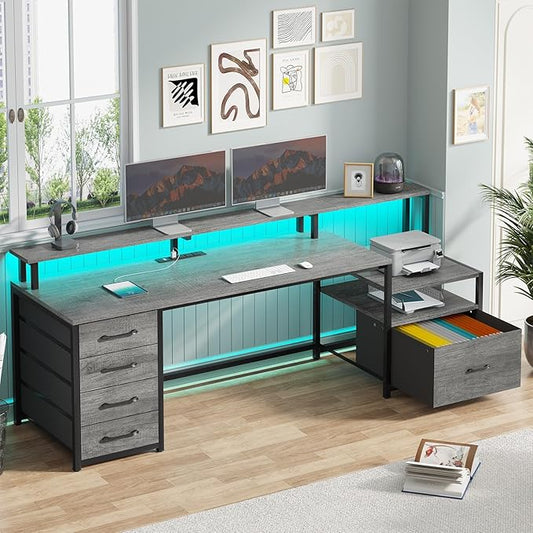 SEDETA Home Office Desk with File Drawer & Power Outlet, 66'' Computer Desk with 5 Drawer, Storage Shelves, Printer Cabinet and Monitor Shelf, Gaming Desk with Led Lights, Grey