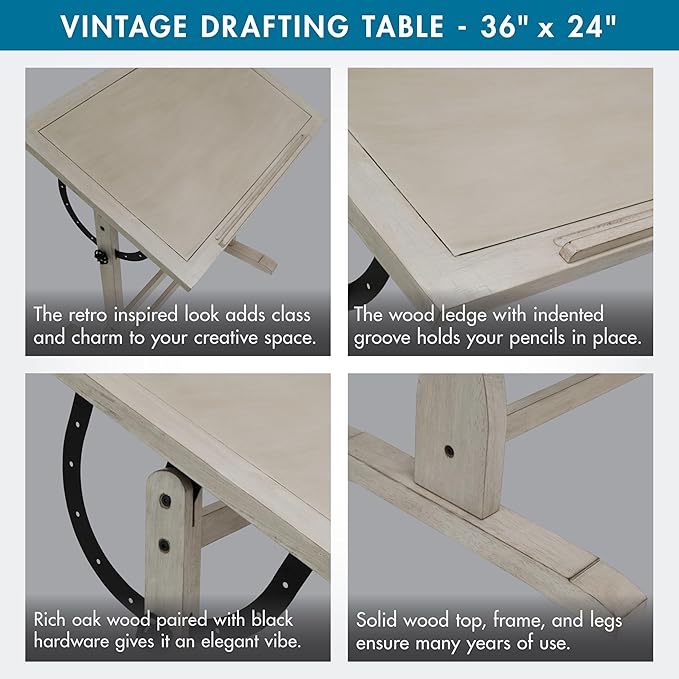 Studio Designs Vintage Drawing/Drafting Table with Pencil Ledge - 36" W x 24" D - Coastal Whitewash - Adjustable Tilting Top
