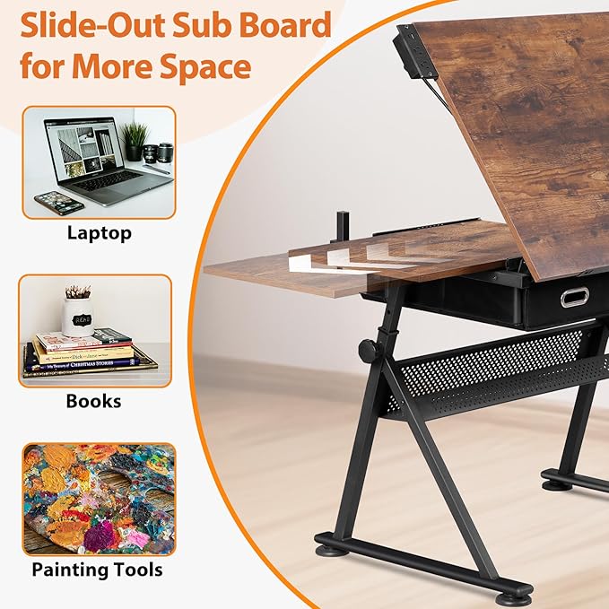 Drafting Table Drawing Desk w/Power Outlet, Art&Craft Work Station Height Adjustable Tilting Tabletop Craft Table Desk w/Stool and 2 Storage Drawers for Home Office, Rustic Brown