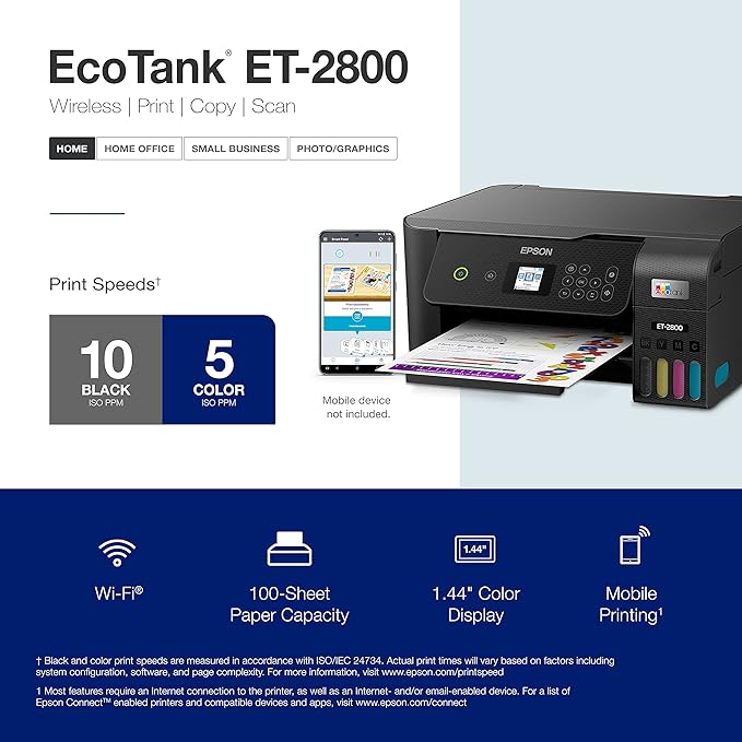 Epson EcoTank ET-2800 Wireless Color All-in-One Cartridge-Free Supertank with Scan and Copy, The Ideal Basic Home Printer - Black