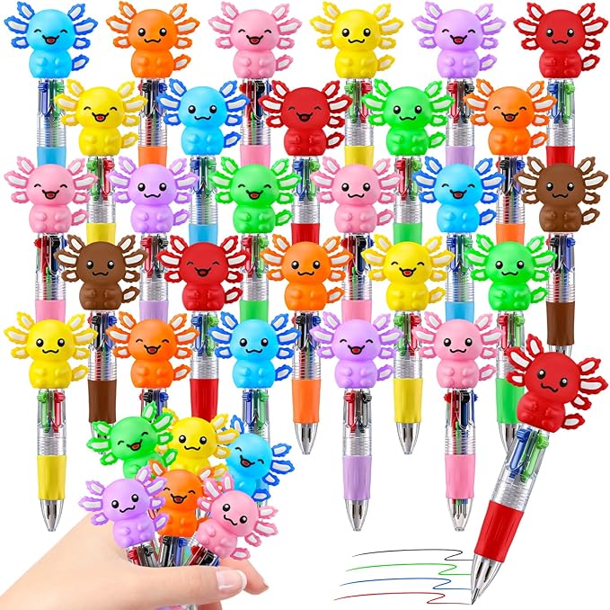 CZWZ 30Pcs Mini Multicolor Pens in One 4-in-1 Cute Pens Bulk for Kids, Ballpoint Pen for Birthdays and Children's Parties, Fun Gifts Assorted Ink Kawaii Pen(Axolotl)