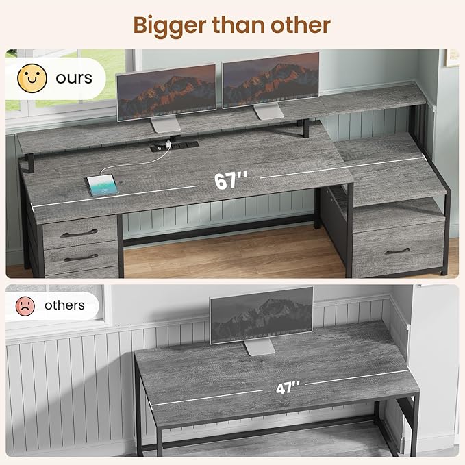 SEDETA Home Office Desk with File Drawer & Power Outlet, 66'' Computer Desk with 5 Drawer, Storage Shelves, Printer Cabinet and Monitor Shelf, Gaming Desk with Led Lights, Grey