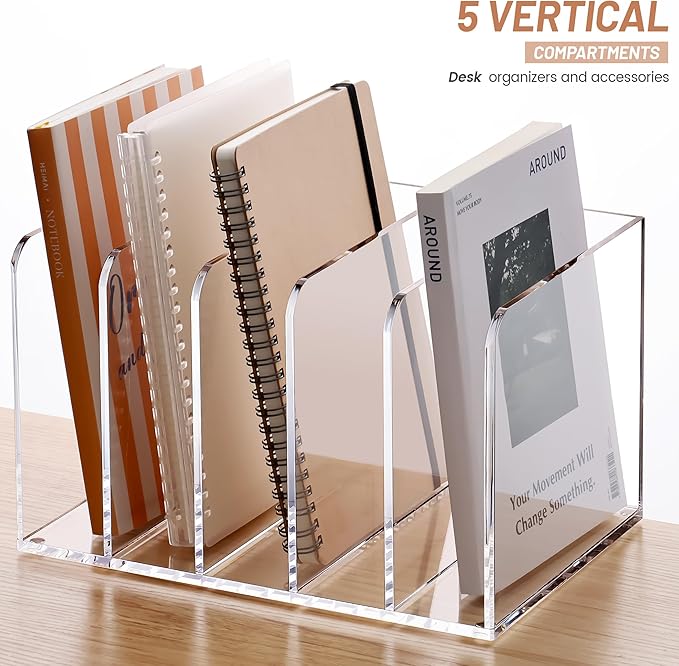 YUXUN Acrylic Magazine Holder,Clear Desk Organizer Vertical File Sorter Holder Stand for Notebook,Paper,Envelope,Magazine, Book Storage-Office/Home/Classroom Organization (5 Compartments,B5)