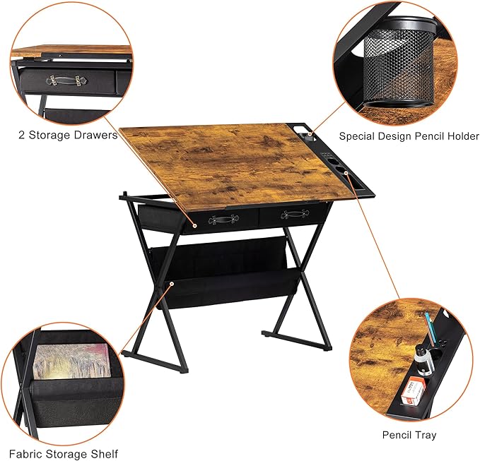 VECELO Drafting Table Art Desk Art Table Adjustable Drawing Table Tilted Tabletop with 2 Storage Drawers and Stool, Drawing Desk for Artist Painters Drawing, Crafting, Reading, Writing, Rustic Brown