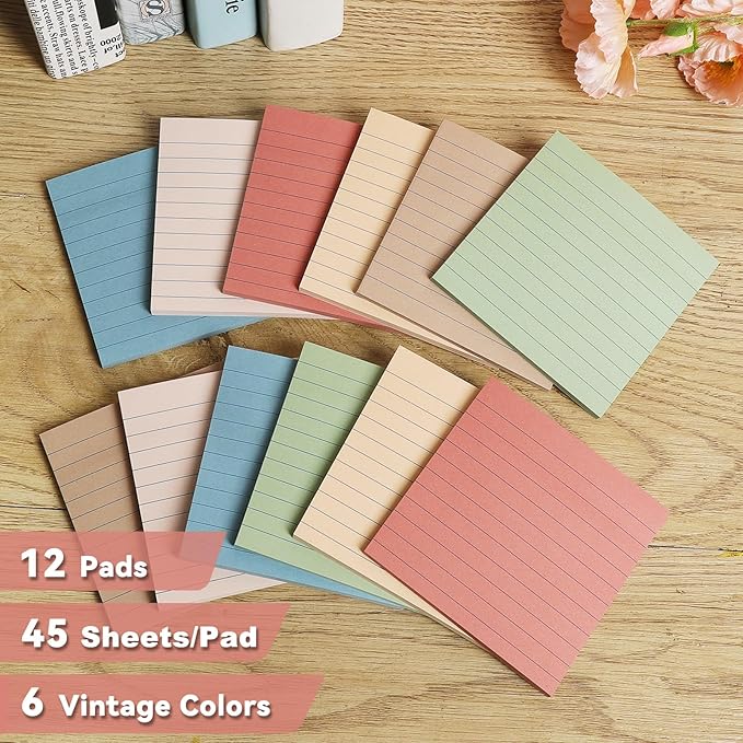 (12 Pack) Lined Sticky Notes 4x4 in, Vintage Colors Self Sticky Notes Pad Its Super Sticking Power Memo Pads, 4x4 Large Square Sticky Notes for Office, Home, School, Meeting