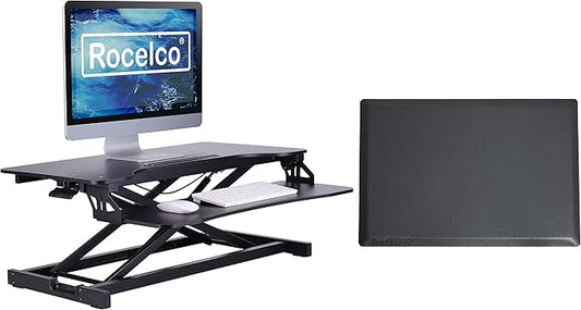 Rocelco Standing Desk Converter and Floor Mat - 31.5 Inch Sit Stand Up Dual Monitor Tabletop Riser with Tablet Mount, Height Adjustable Workstation - Deep Keyboard Tray - Black (R VADRB-MAFM)