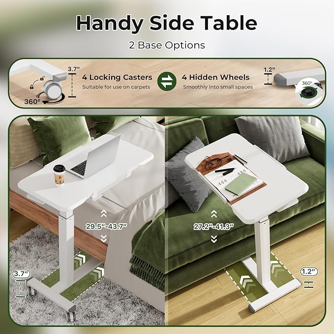 Rolling Laptop Desk, 180° Tiltable Mobile Standing Desk Height Adjustable, Overbed Bedside Table, 32inch Portable Computer Desk with Lockable Wheels, Foldable Cart for Home Office, White