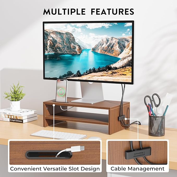 BONTEC Wooden Monitor Stand Riser, 2-Tier Desk Shelf with Storage Organizer, Ergonomic Computer Stand with Cable Management, Cellphone Holder, Walnut, 16.5 Inch