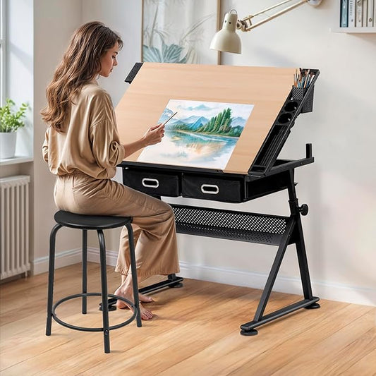 Drafting Table Drawing Desk w/Power Outlet, Art&Craft Work Station Height Adjustable Tilting Tabletop Craft Table Desk w/Stool and 2 Storage Drawers for Home Office, Natural
