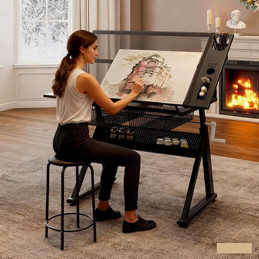 Drafting Table with Stool, Upgraded Hand Crank Height Adjustable Drawing Table Art Table Painting Table Art Craft Desk with 0-75° Tilting Glass Tabletop for Home Office, Black