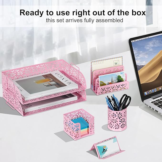 EasyPAG Desk Organizers and Accessories 5 Pieces Office Supplies Set - 2 Tier Paper Tray, Pencil Organizer for Desk, Mail Sorter Countertop, Business Card Holder and Sticky Note Holder, Pink