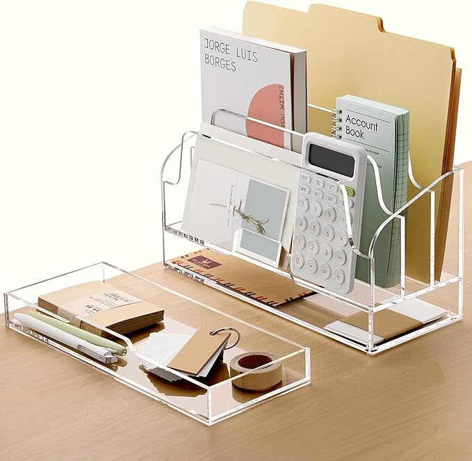 YUXUN Acrylic Mail Organizer for Desk - Transparent 3-Compartment Letter Sorter with Drawer, Clear Desktop File Holder for Office, Home, Classroom