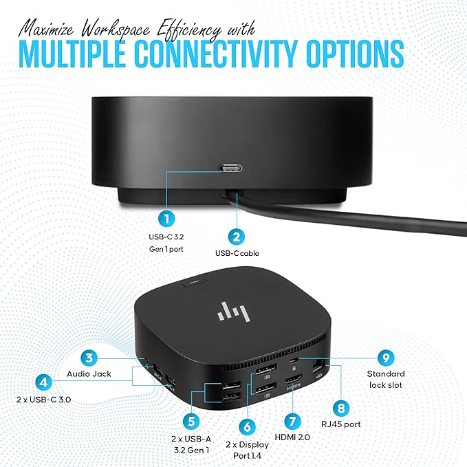 HP Docking Station for Laptop Dual Monitor and Charging - 5TW10AA / 5TW10UT / 5TW10AA#ABB USB-C G5 Dock with 120W AC Adap TER + HDMI Cable + DisplayPort Cable + Cleaning Cloth