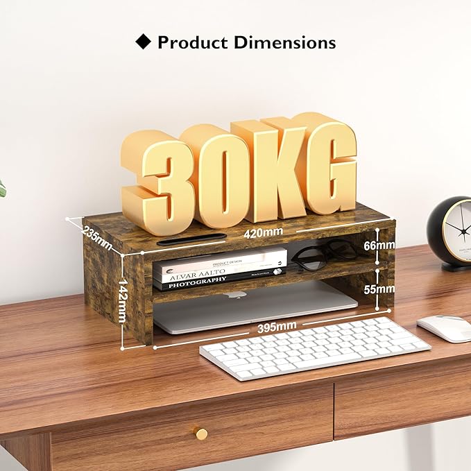 BONTEC Wooden Monitor Stand Riser, 2-Tier Desk Shelf with Storage Organizer, Ergonomic Computer Stand with Cable Management, Cellphone Holder, Vintage Brown, 16.5 Inch