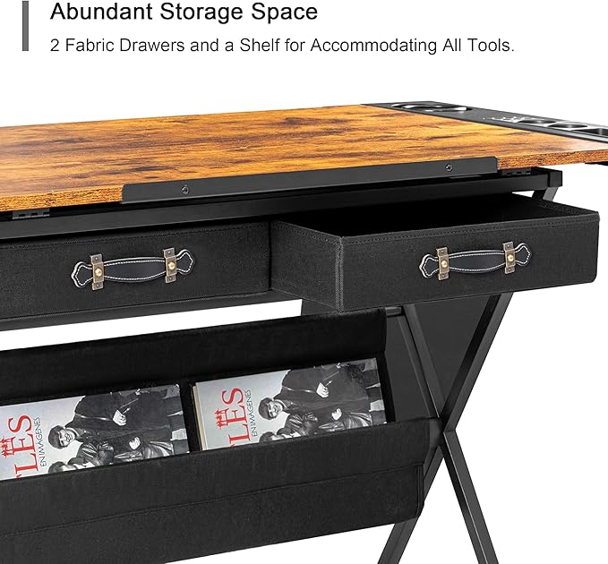 VECELO Drafting Table Art Desk Art Table Adjustable Drawing Table Tilted Tabletop with 2 Storage Drawers and Stool, Drawing Desk for Artist Painters Drawing, Crafting, Reading, Writing, Rustic Brown