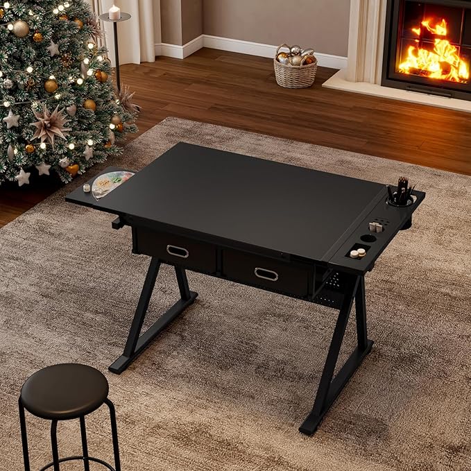 Drafting Table, Height Adjustable Drawing Table Art Table with Stool, 0-75° Tilted Tabletop Artist Desk Painting Table with Storage for Home Office School, Type 4-Black