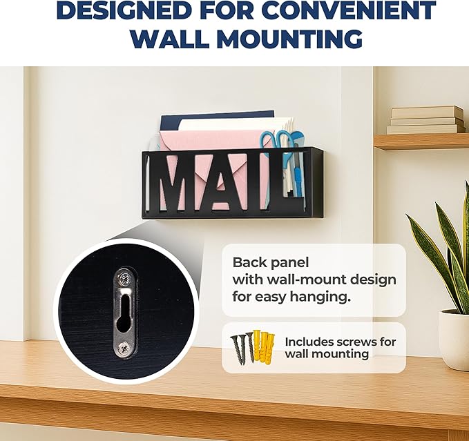 Mail Organizer Countertop – Black Holder for Desk or Wall, Decorative Desktop Sorter, Envelope Tray & Bill Storage with Compact Size for Home Office Organization Accessories (11x4x4 in)