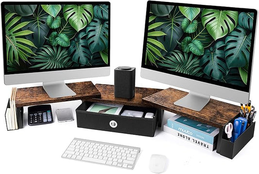 Dual Monitor Stand Riser With Drawer, Office Desk Organizers and Accessories, Computer Riser for 2 Monitors, Shelf With Adjustable Length & Angle