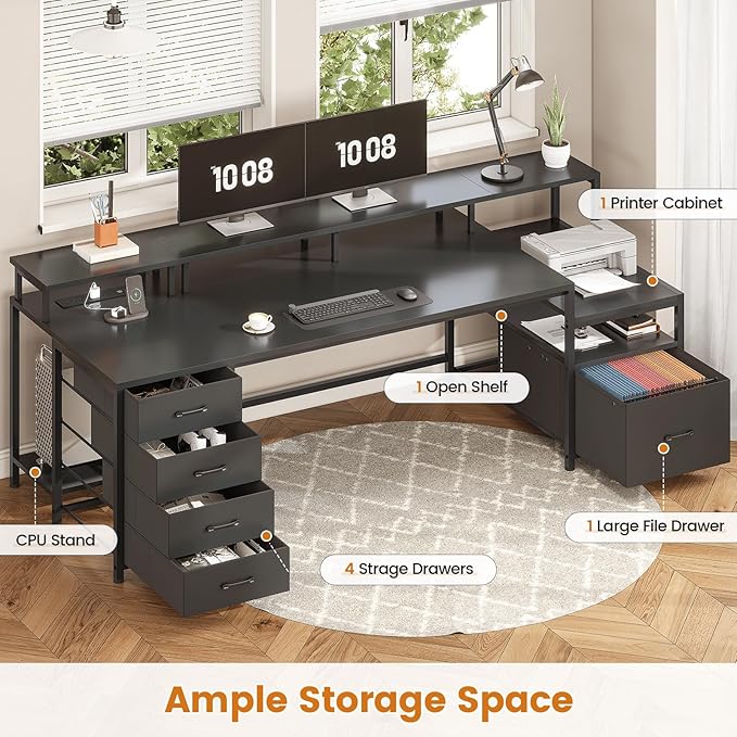 SEDETA 75'' Computer Desk with 5 Drawer, Power Outlet & Led Lights, Home Office Desk with File Drawer, Storage Shelves, Printer Cabinet and Monitor Shelf, 23.6" W Large Desktop Gaming Desk, Black