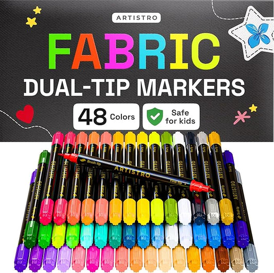 ARTISTRO 48 Dual-Tip Fabric Markers - Fabric Decorating Kit - Permanent for Clothes - Acrylic Paint Pens for Sneakers, Bags, Shoes, Textile, Canvas, Sewing, Craft, DIY - Brush and Fine Tip