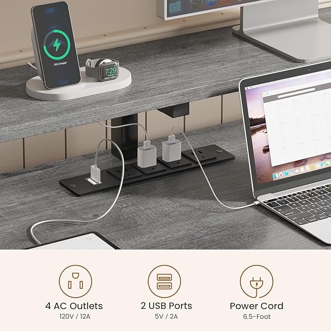 SEDETA Home Office Desk with File Drawer & Power Outlet, 66'' Computer Desk with 5 Drawer, Storage Shelves, Printer Cabinet and Monitor Shelf, Gaming Desk with Led Lights, Grey