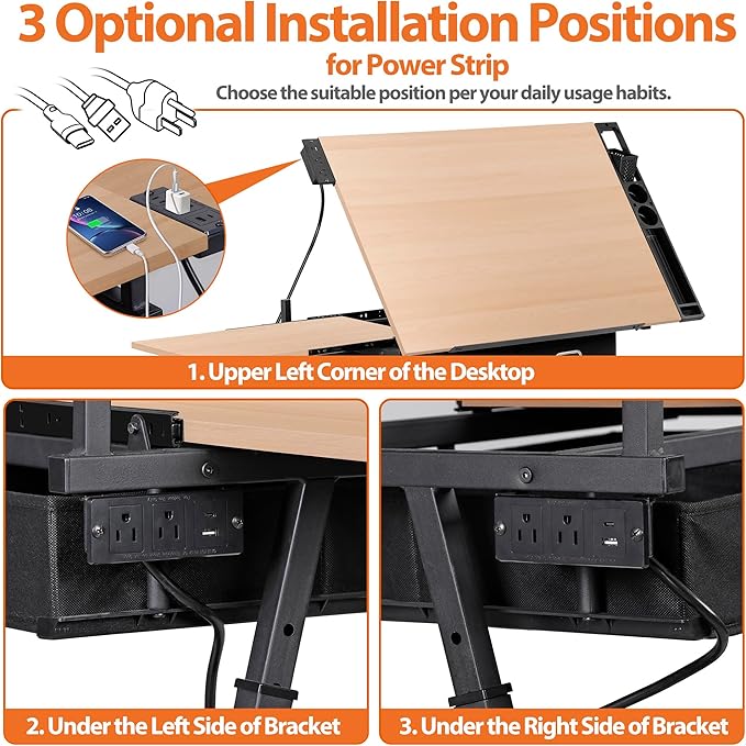 Drafting Table Drawing Desk w/Power Outlet, Art&Craft Work Station Height Adjustable Tilting Tabletop Craft Table Desk w/Stool and 2 Storage Drawers for Home Office, Natural