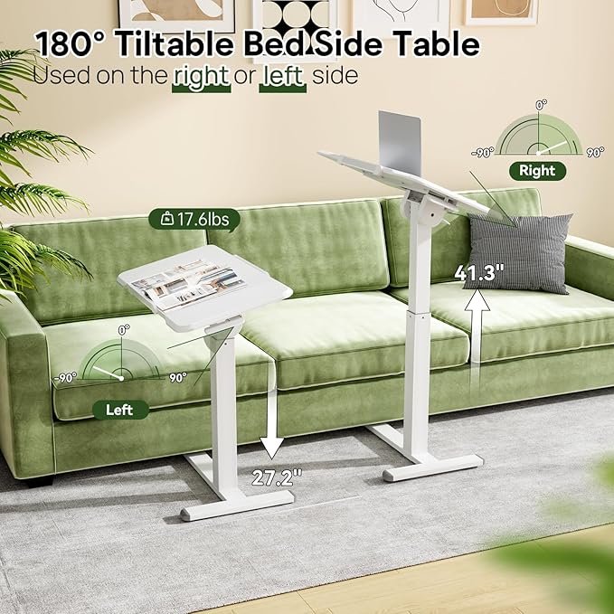 Rolling Laptop Desk, 180° Tiltable Mobile Standing Desk Height Adjustable, Overbed Bedside Table, 32inch Portable Computer Desk with Lockable Wheels, Foldable Cart for Home Office, White