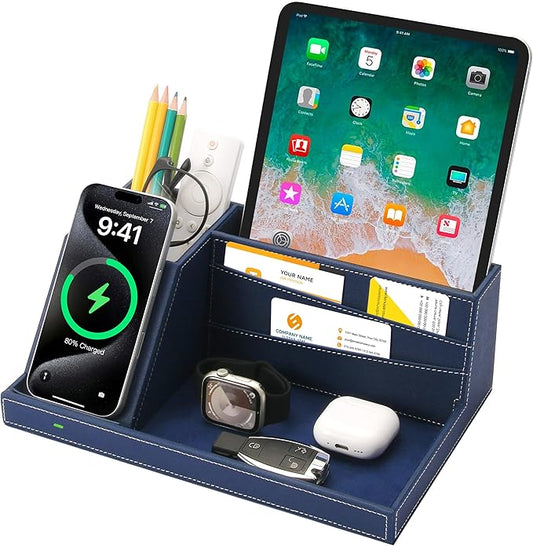Desk Organizer with Charging Station, Nightstand Organizer Phone Docking Station, Men Gift Husband Wife Anniversary Dad Birthday Nightstand Purse Father Graduation Male Travel Idea Gadgets