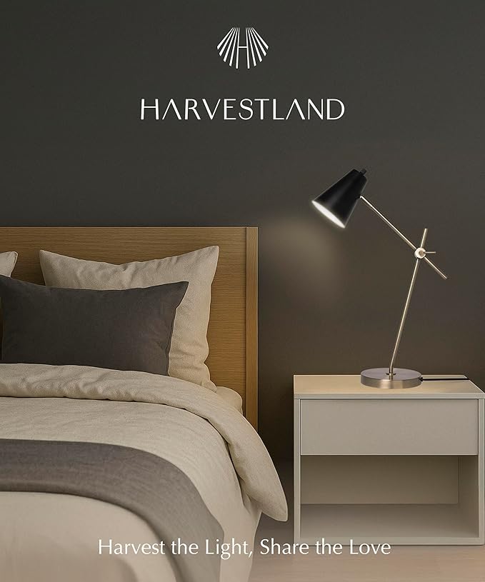 HarvestLand HaloBar Brass Desk Lamp Home Office – Black Industrial Table Lamp with Solid Base for Office, Reading Lamps for Bedside Table, Study and Reading Task Lamp, Gifts for Men