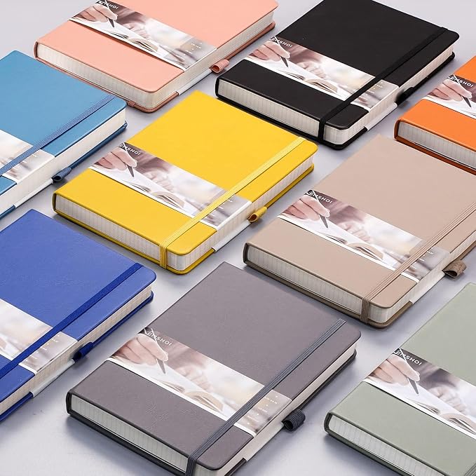 EMSHOI Lined Journaling Notebook - 120gsm Leather Journal with Sticky Notes & 256 Numbered Pages, A5 Hardcover College Ruled Notebook for Work, School, Writing, 5.75”x8.38” - Khaki