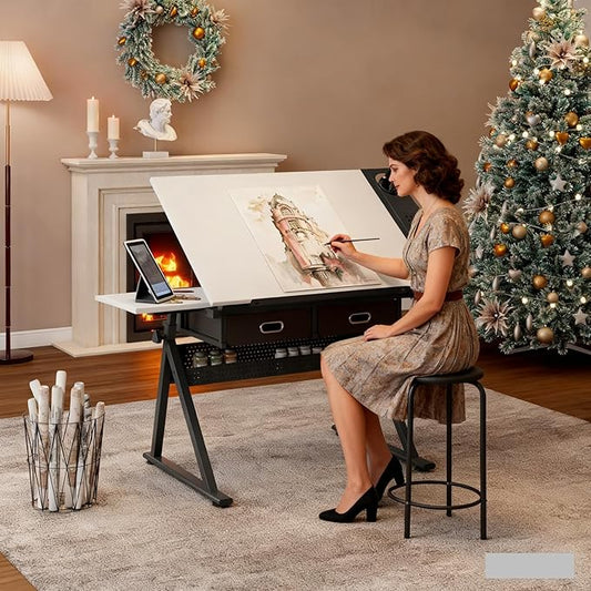 Drafting Table for Artists, Height Adjustable Drawing Table with Stool, Art Table Painting Table Art Craft Desk with 0-75° Tilting Wood Tabletop and Storage for Home Office, White