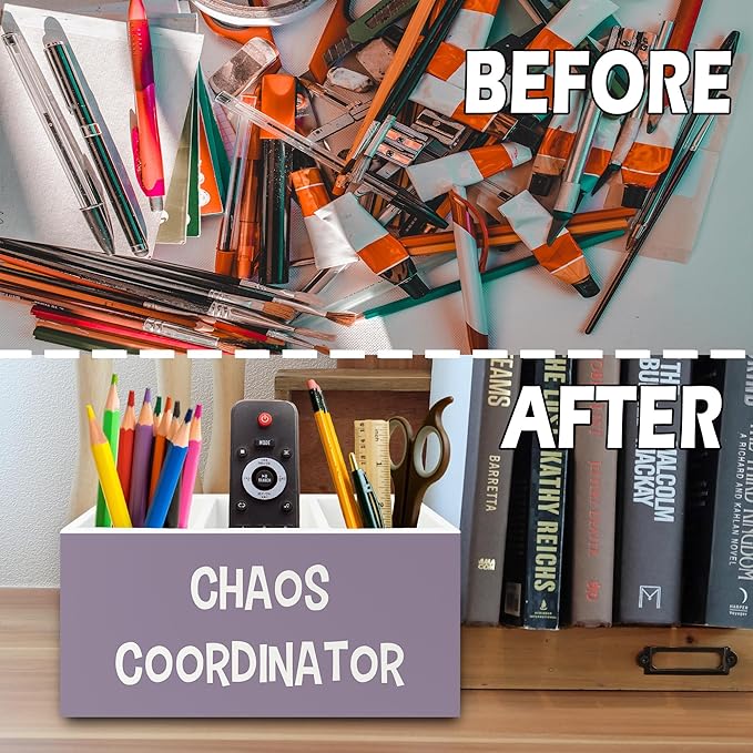 Chaos Coordinator Purple Pen Pencil Holder Organizer for Desk, Thank You Gifts for Women Men Coworkers Boss Leader Manager, Appreciation Gifts Wooden Box Sign for Office Tabletop Decorations