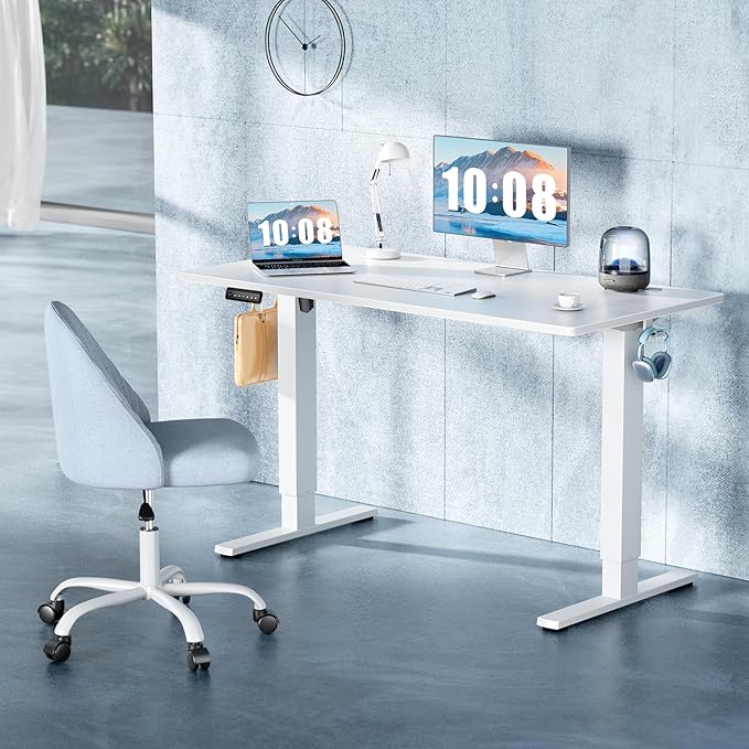 DUMOS 63 Inch Electric Standing Desk Height Adjustable, Sit to Stand Computer Workstations Large Work PC Table Home Office Writing Gaming Desks with Memory Presets for Walking Pad, Bedroom, White