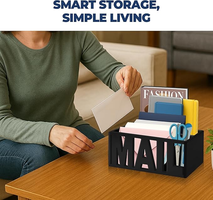 Mail Organizer Countertop – Black Holder for Desk or Wall, Decorative Desktop Sorter, Envelope Tray & Bill Storage with Compact Size for Home Office Organization Accessories (11x4x4 in)