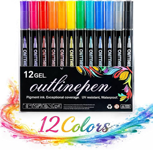 Double Line Outline Pens, 8/12/24/36/48 Colors Glitter Self-Outline Metallic Markers Set, 2mm Precision Tip, Quick-Dry Shimmer Contour Art Pens for Drawing, Coloring & DIY Crafts (12 Color)
