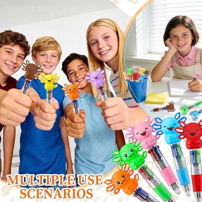 CZWZ 30Pcs Mini Multicolor Pens in One 4-in-1 Cute Pens Bulk for Kids, Ballpoint Pen for Birthdays and Children's Parties, Fun Gifts Assorted Ink Kawaii Pen(Axolotl)