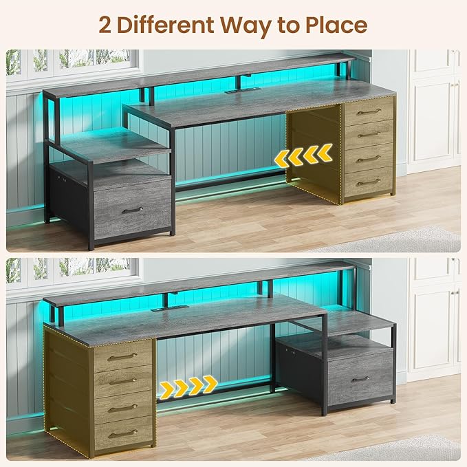 SEDETA Home Office Desk with File Drawer & Power Outlet, 66'' Computer Desk with 5 Drawer, Storage Shelves, Printer Cabinet and Monitor Shelf, Gaming Desk with Led Lights, Grey