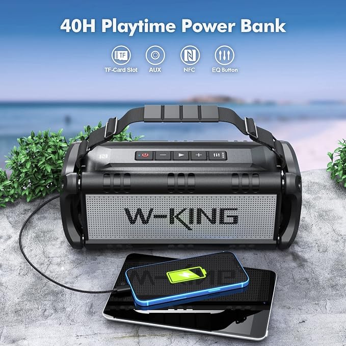 W-KING 90W Max Bluetooth Speaker, IPX6 Waterproof Portable Speakers Wireless Bluetooth, 50W Deep Bass Loud Outdoor Speaker with 40H Playtime/Stereo Pairing/TF Card/AUX/NFC for Home Party,Camping,Beach