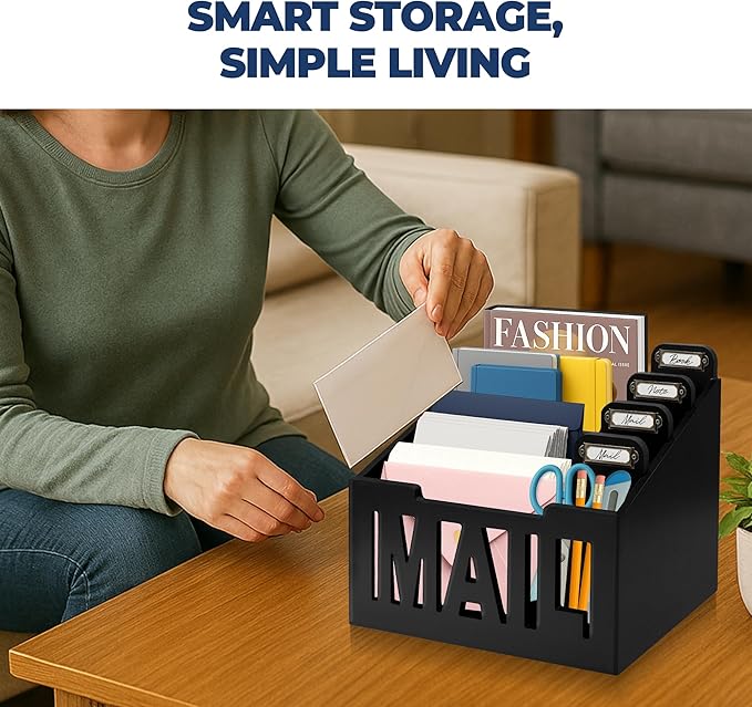 Mail Organizer Countertop – Black Holder for Desk with 4 Slots & Label Tags, Decorative Desktop Sorter, Bill Storage and Envelope Tray for Organized Home Office Accessories (11x7x8 in)