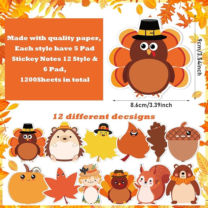 Zhanmai 1200 Pcs Thanksgiving Fall Sticky Notes Bulks Thanksgiving Memo Notepads Turkey Pumpkin Squirrel Maple Leaf Sticky Notes Fall Self-Stick Pads Autumn Gifts