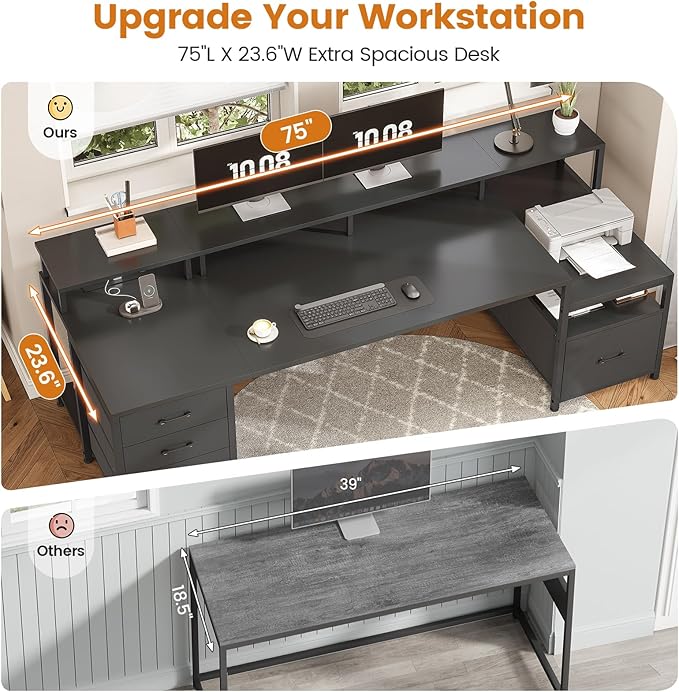 SEDETA 75'' Computer Desk with 5 Drawer, Power Outlet & Led Lights, Home Office Desk with File Drawer, Storage Shelves, Printer Cabinet and Monitor Shelf, 23.6" W Large Desktop Gaming Desk, Black