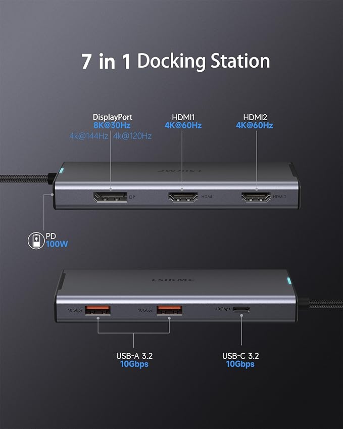 USB C Docking Station Dual Monitor 7 in 1 Laptop Docking Station Triple Monitors for DELL HP Lenovo,USBC Hub Multiport Adapter Dongle with 2HDMI 4K+8k DisplayPort+2*USB-A+1USB-C+USB-C Charging 100w