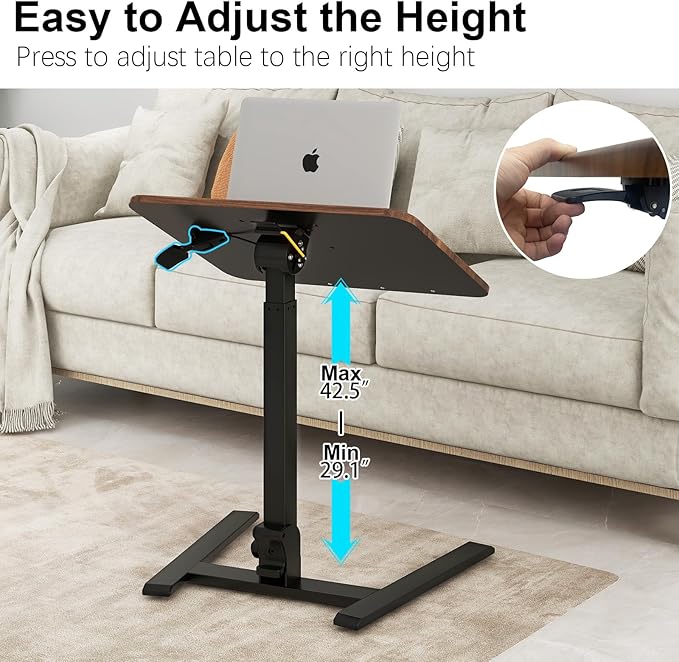 PUNCIA Adjustable Height Small Standing Desk Foldable Laptop Table with Stoppers - 90° Tiltable Rolling Computer Cart Portable Workstation Mobile Desk for Home Office Small Space Bedroom Dorm Study