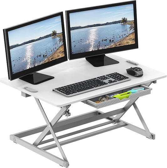 SHW 32-Inch Height Adjustable Standing Desk Converter Riser Workstation with Drawer, White