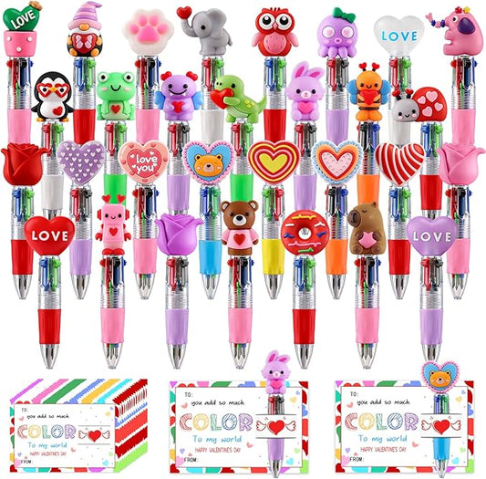 CZWZ 30Pcs Mini Multicolor Pen in One 4-in-1 Cute Pens Bulk for Kids, Ballpoint Pens for Birthdays and Children's Parties, Fun Pens Gifts Assorted Ink Kawaii Pen(Valentine)