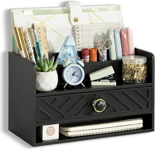 Black Wood Desk Organizer and Accessories with Drawer, Bill Mail Organizer and File Mail Holder for Office Supplies, Desk Accessories & Workspace Organizers for Desk Organization