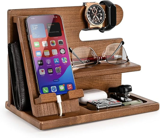 TESLYAR Wood Phone Docking Station for Men - Desktop or Nightstand Organizer - Birthday Gifts for Men, Dad - Anniversary Idea from Wife - Key Holder, Stand Wallet, Watch & Essentials (Earth Beige)
