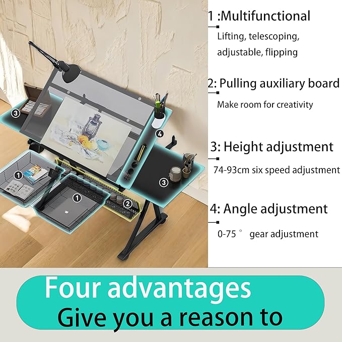 Donfafecuer Adjustable Drafting Table for Adults Professional Art Table 2 Storage Drawers Height Adjustable Home Office Reading Painting Tempered Glass Top Modern Black Design