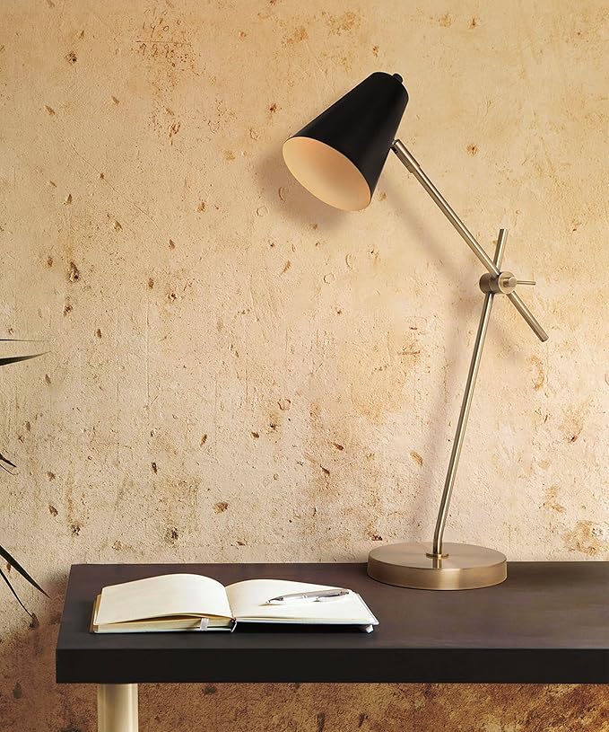 HarvestLand HaloBar Brass Desk Lamp Home Office – Black Industrial Table Lamp with Solid Base for Office, Reading Lamps for Bedside Table, Study and Reading Task Lamp, Gifts for Men