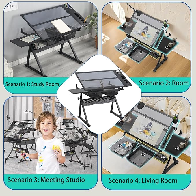 Donfafecuer Adjustable Drafting Table for Adults Professional Art Table 2 Storage Drawers Height Adjustable Home Office Reading Painting Tempered Glass Top Modern Black Design
